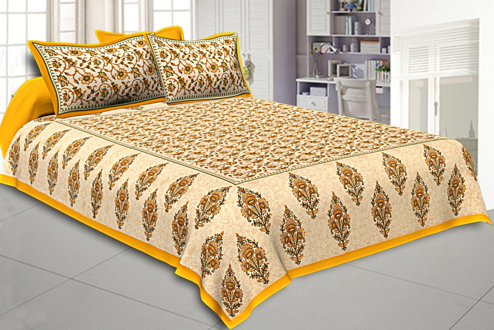 Niruva Yellow and Beige Jaipuri Floral Jaal and Buta Cotton Double Bedsheet With 2 Pillow Covers